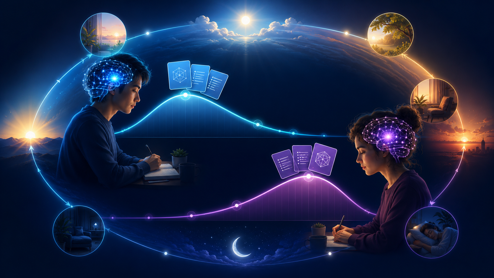 A flat illustration about chronotype learning with a flipping flashcard and related line-art icons