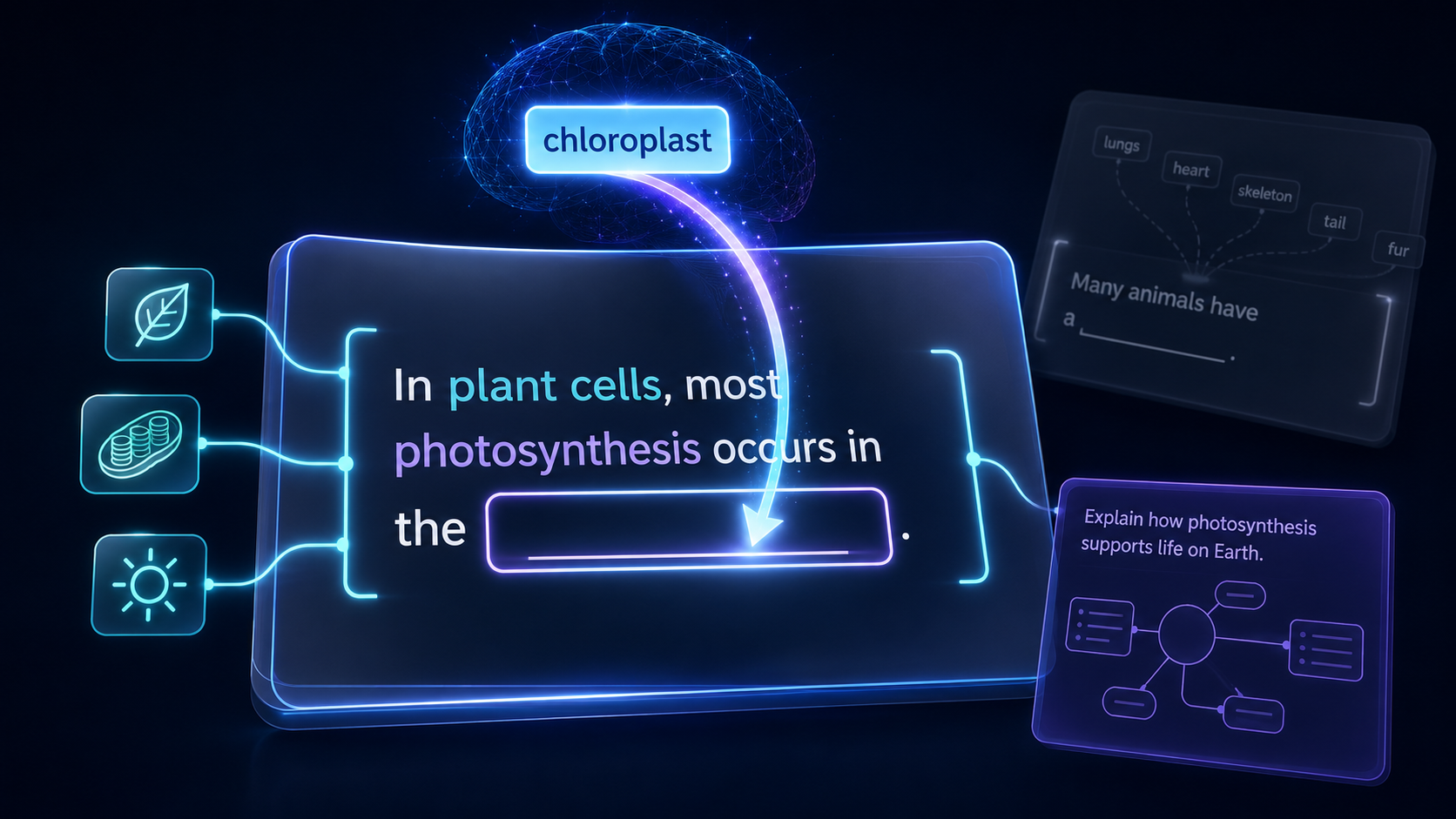A flat illustration about cloze deletion flashcards with a flipping flashcard and related line-art icons