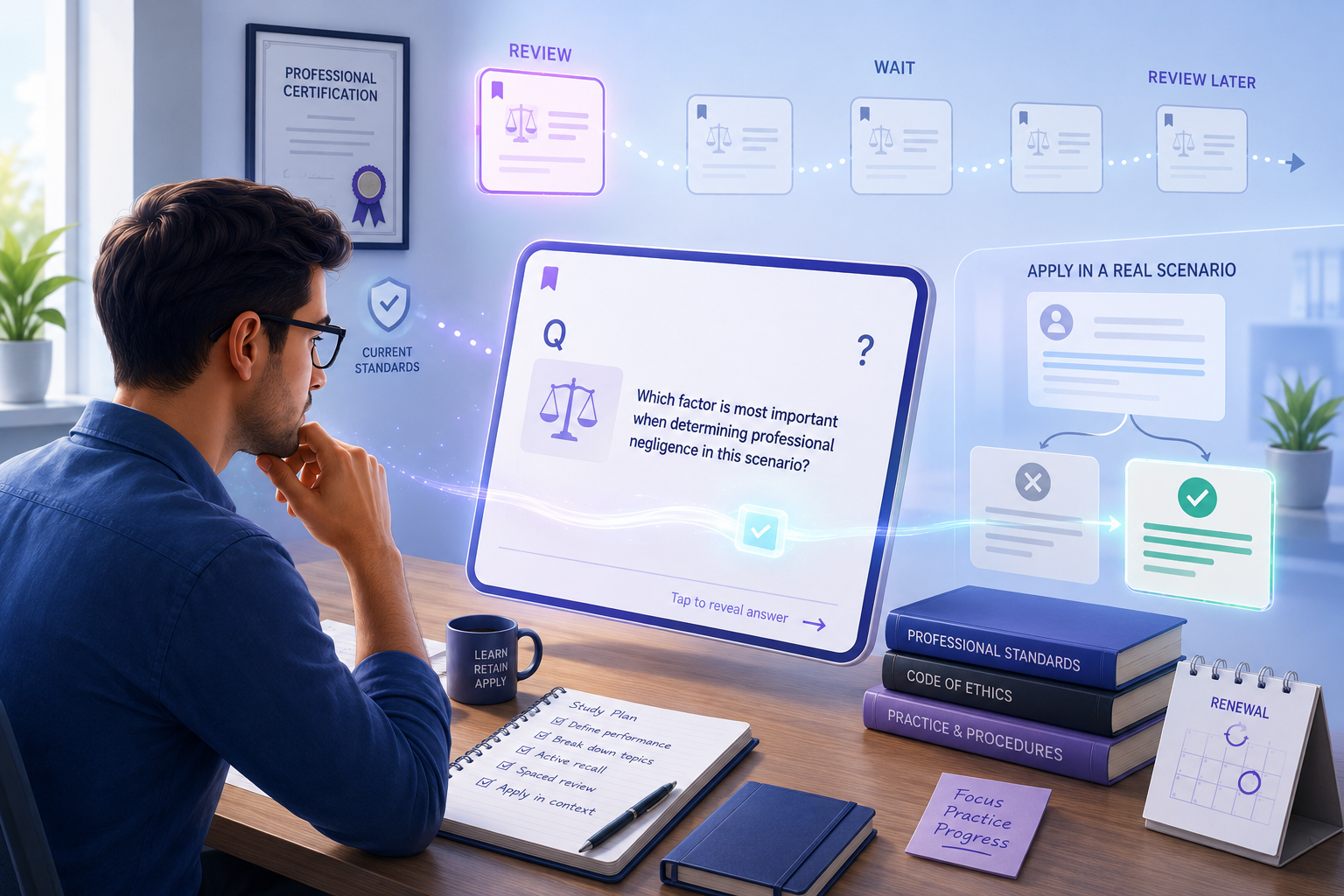 Illustration of flashcards, a certificate, a checklist, and a review calendar