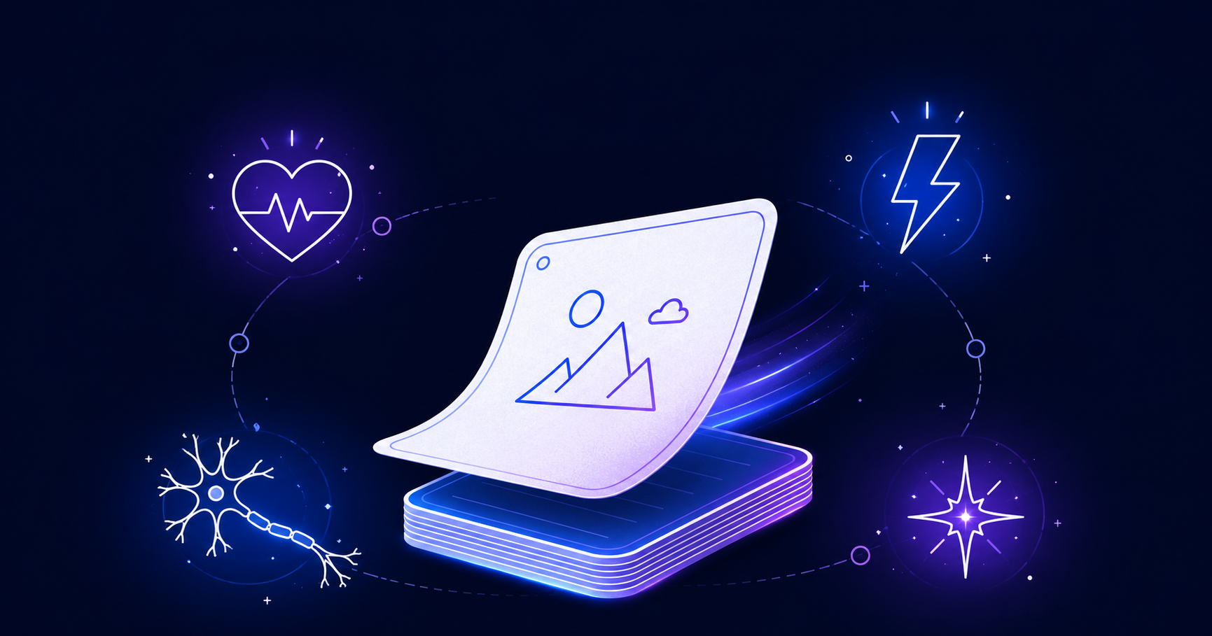 Emotional memory illustrated by a flipping flashcard, heart, lightning bolt, memory spark, and neural connection