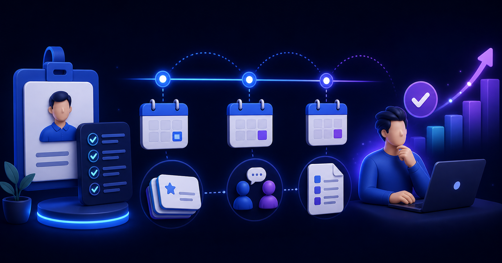 A flat illustration about employee onboarding training with spaced repetition with a flipping flashcard and related line-art icons