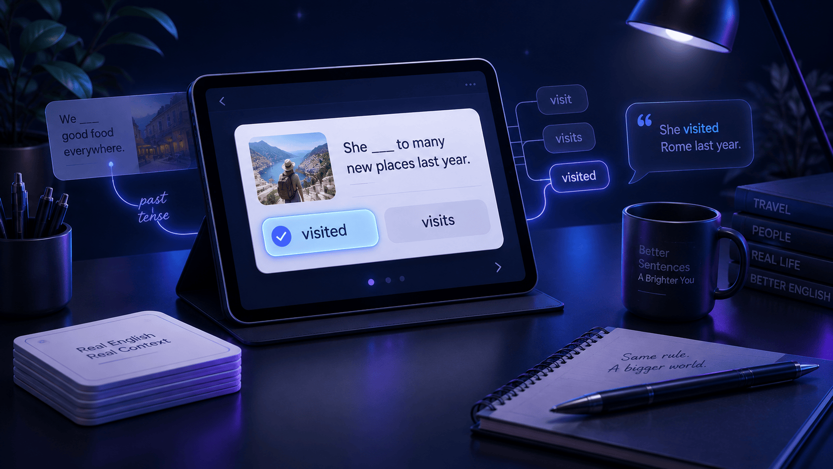 A tablet displaying an English past-tense grammar exercise with contextual sentence examples and answer choices