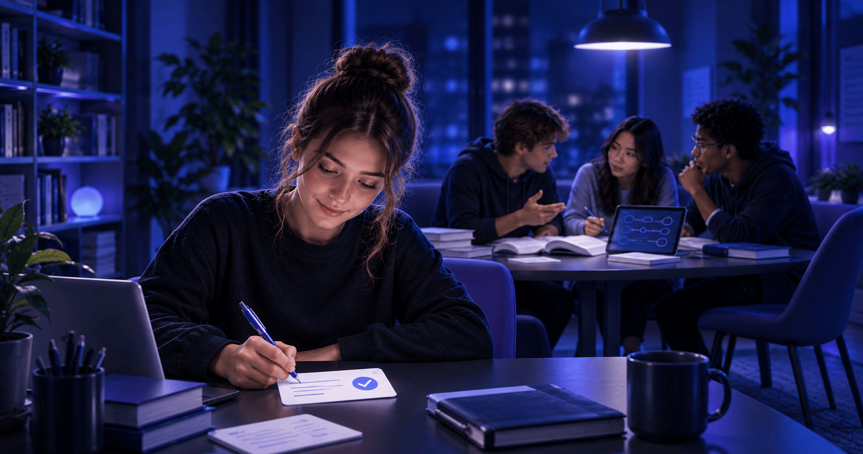 A flat illustration comparing group study and solo study