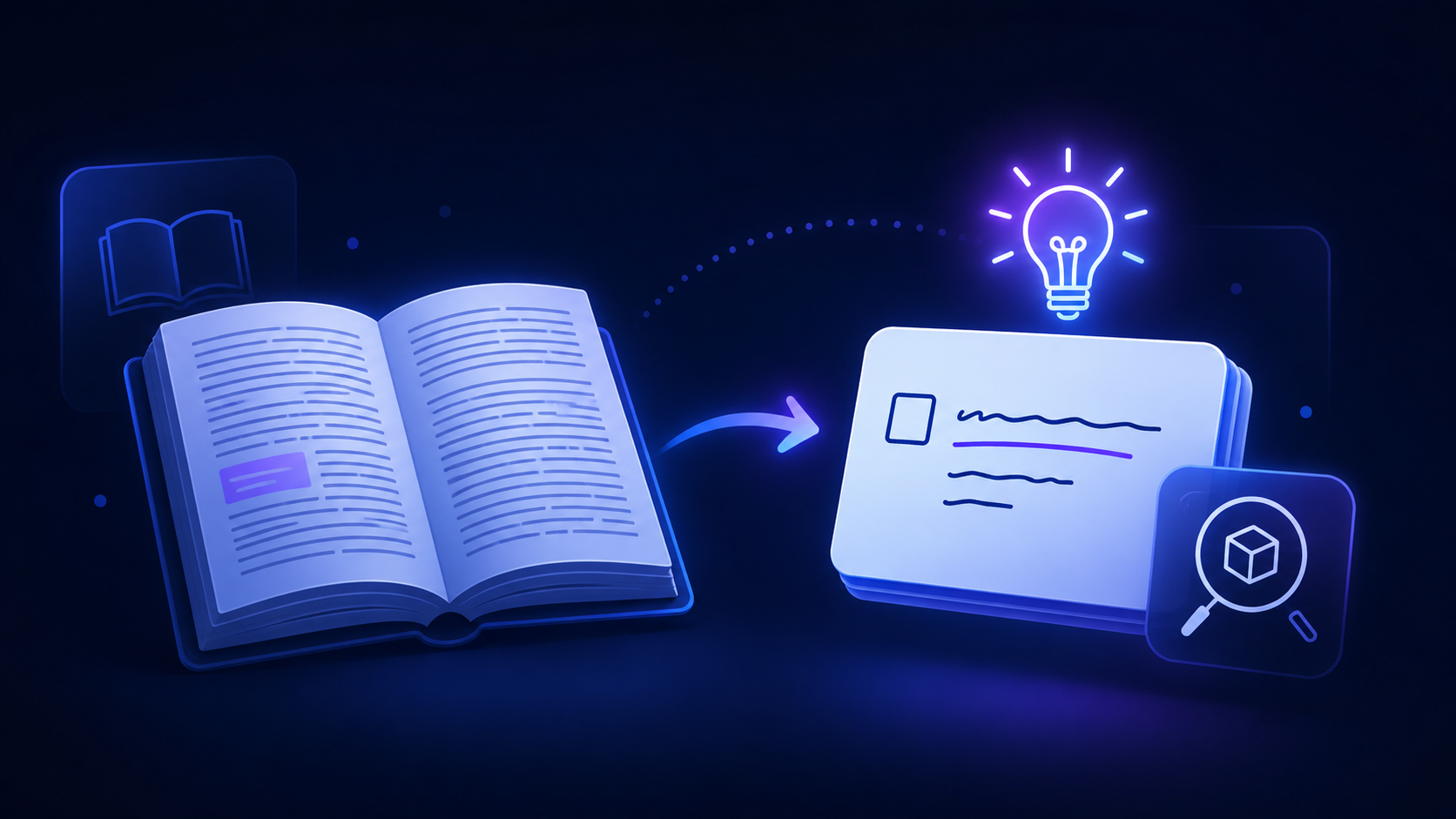 Illustration of a definition being reformulated into a short flashcard with an example, representing how to learn definitions without memorizing