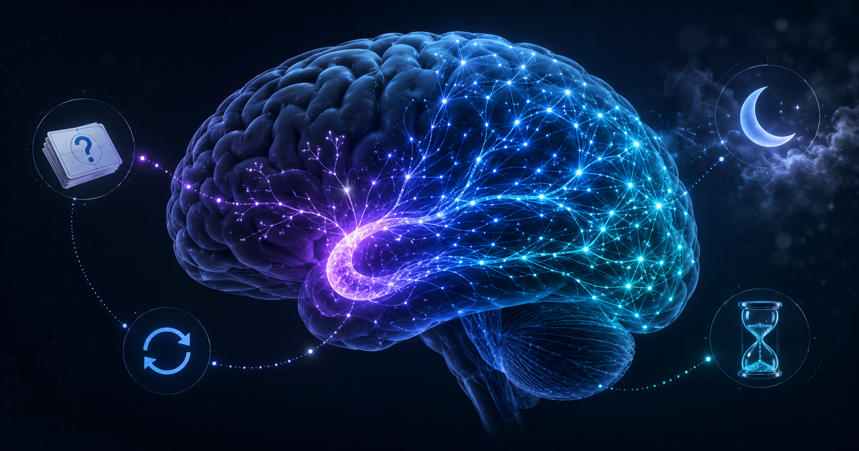 Memory consolidation illustrated by a flipping flashcard, hippocampus, neural pathway, moon, and retrieval loop