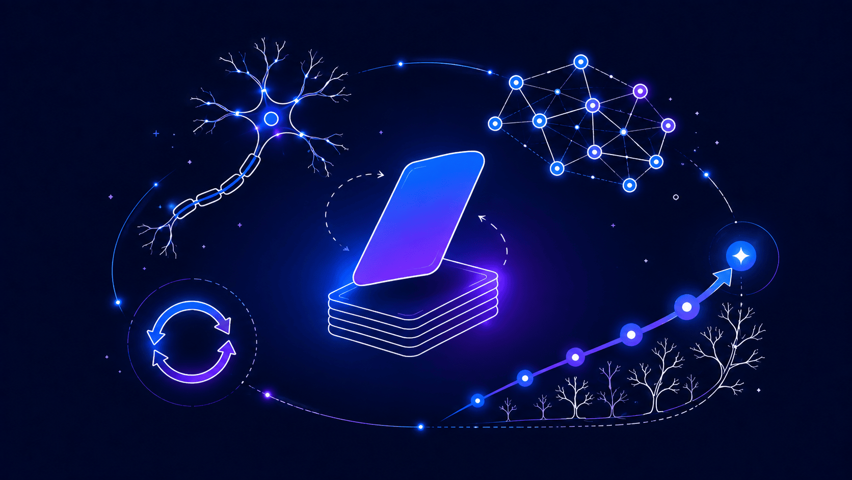 Neuroplasticity and learning illustrated by a flipping flashcard, neural pathways, a neuron, and a practice loop