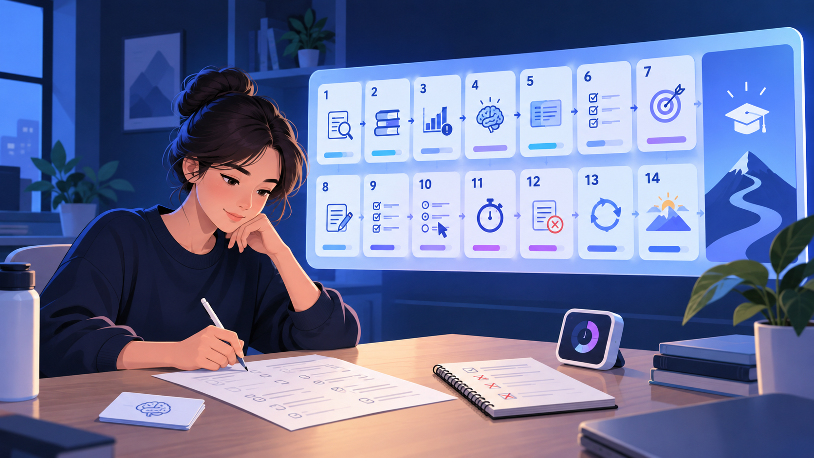 A flat illustration of a 14-day exam study plan with a calendar, checklist, timer, progress chart, and flashcard