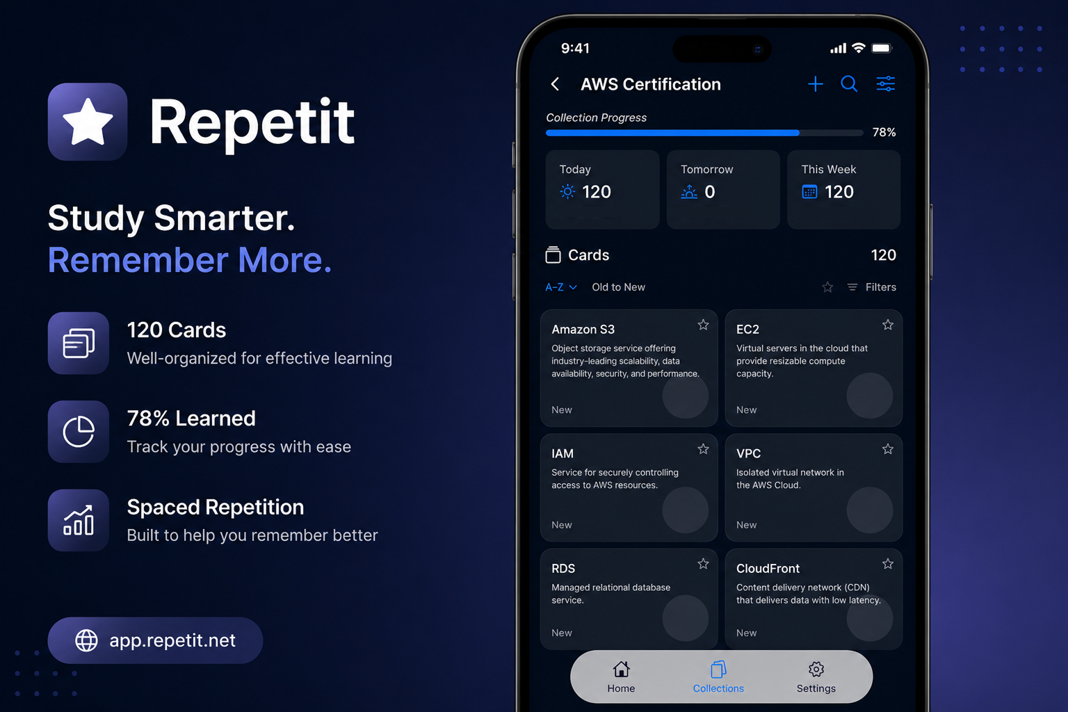 Repetit AWS Certification collection dashboard with 120 flashcards and 78 percent learning progress