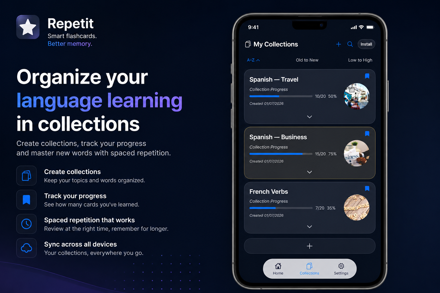 Flashcards for language learning in Repetit app with collection progress tracking and spaced repetition