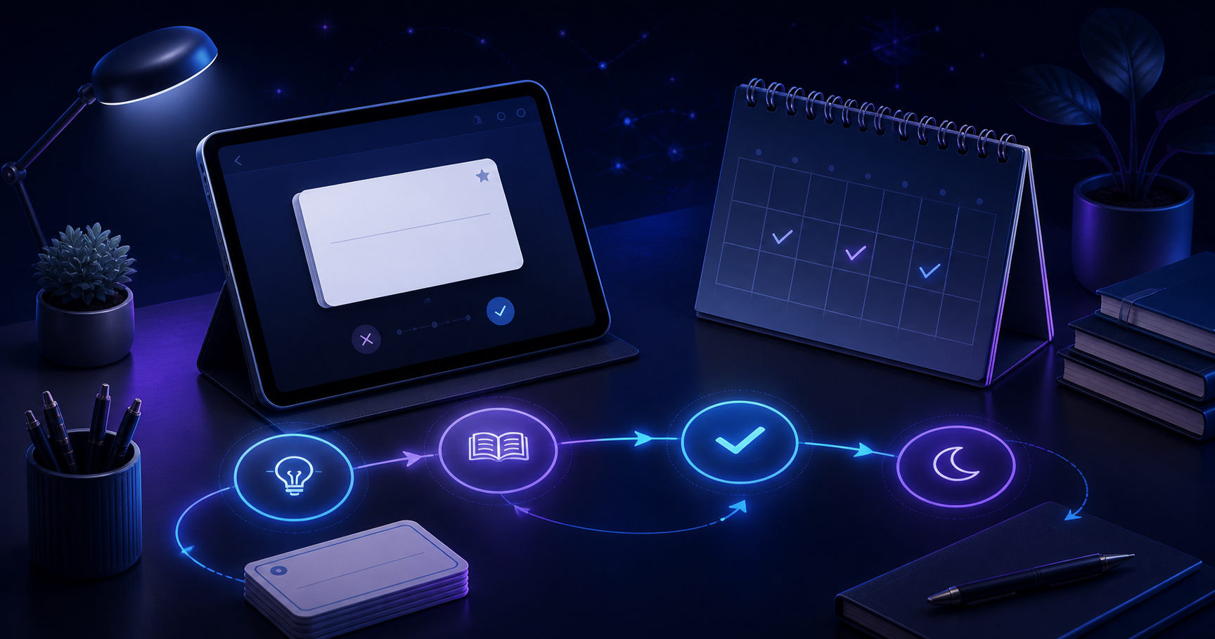A study desk with flashcards, a weekly calendar, and a visual loop for a repeatable study habit