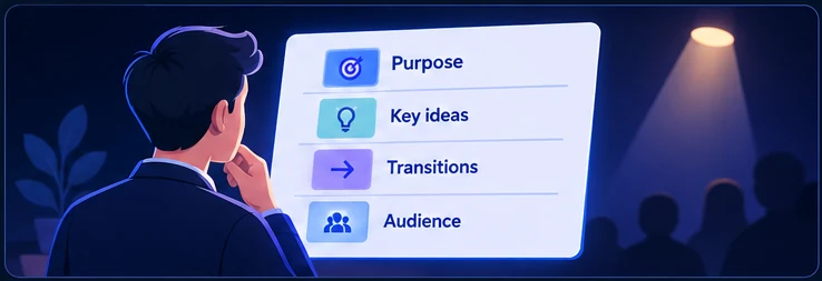 Speaker preparing a speech around its purpose, key ideas, transitions and audience.