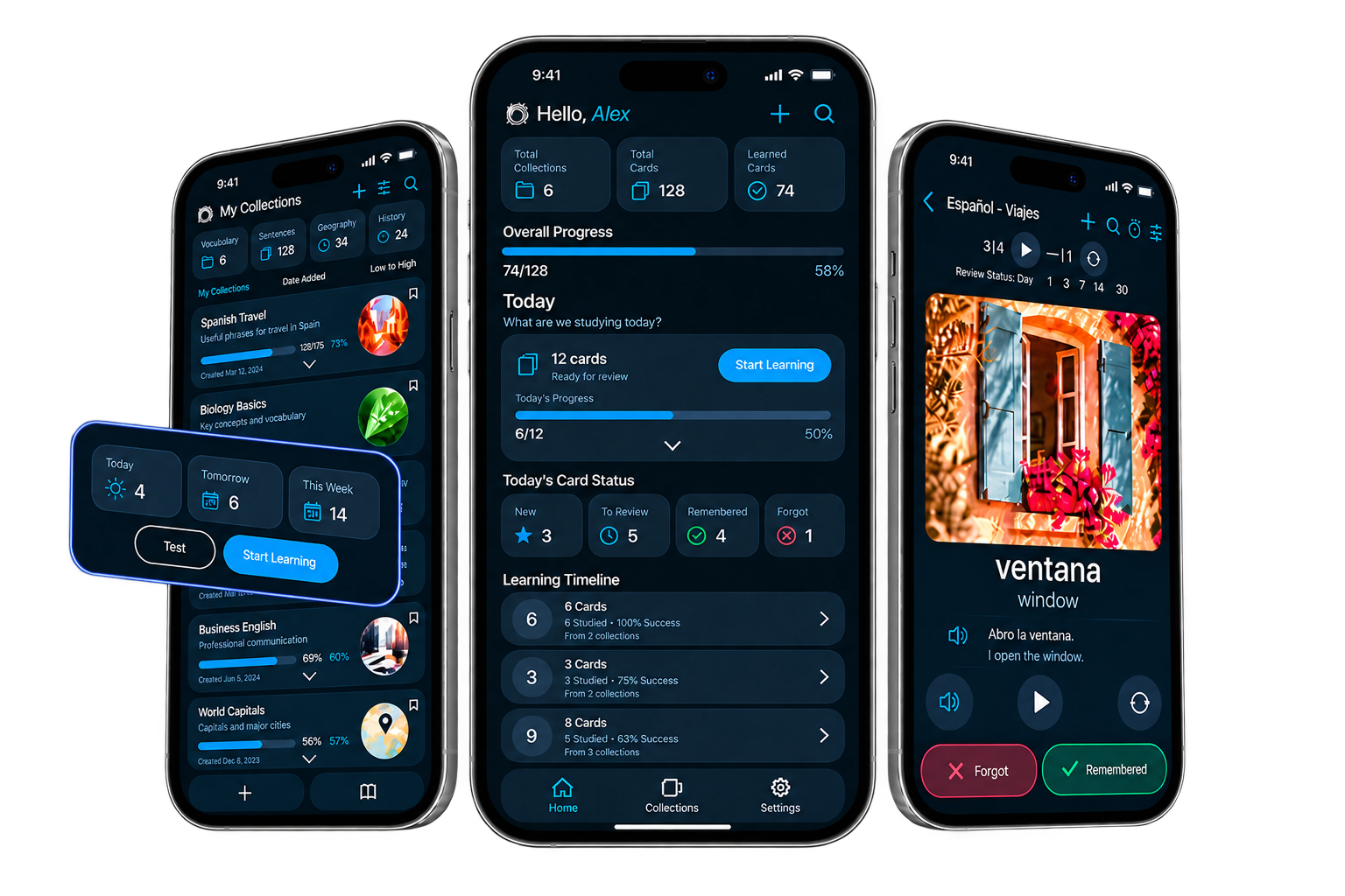 Repetit product overview showing Today, Collections, review queue details and active card review